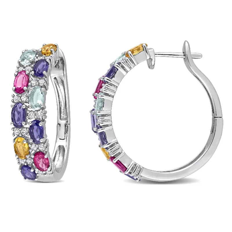 luxe gold earrings for an elevated finish -Miadora Oval-cut Multi-Gemstone Multi-Row Hoop Earrings in Sterling Silver