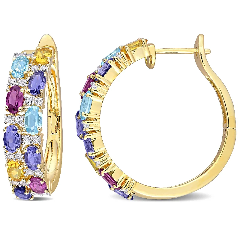 luxurious diamond earrings for elegant glamour -Miadora Yellow Plated Silver Oval-cut Rhodolite, Iolite, Citrine & Topaz Multi-row Hoop Earrings - 28.4mm x 7mm x 28.2mm