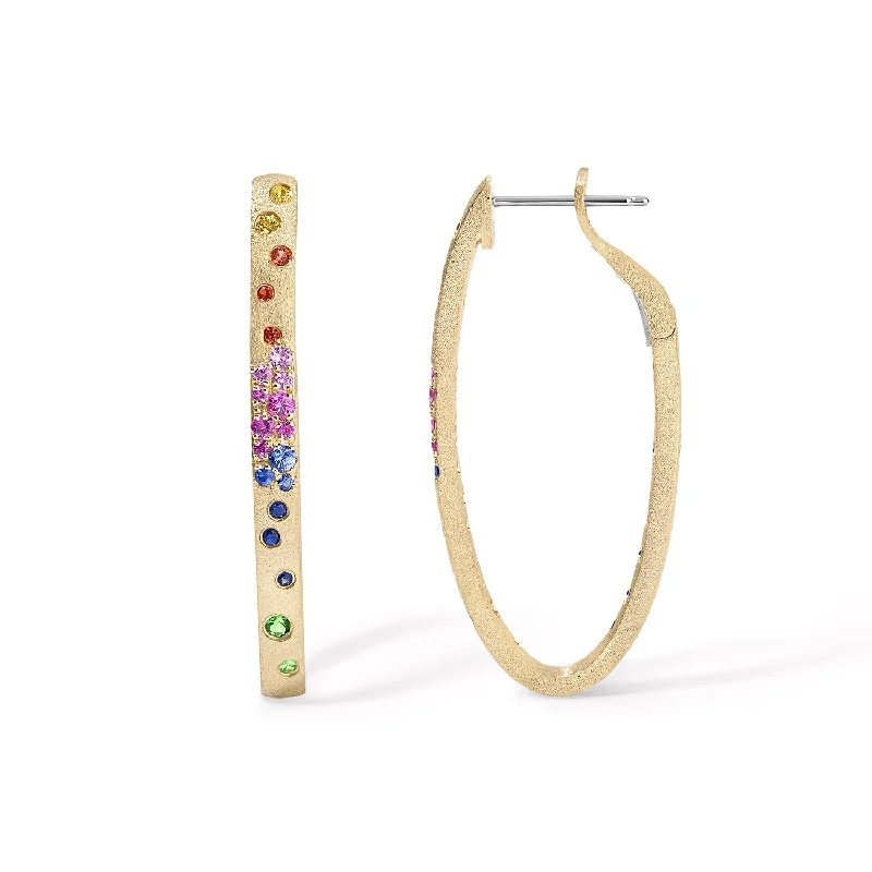 minimalist silver earrings for modern style -Rainbow and Gold Oval Hoop Earrings