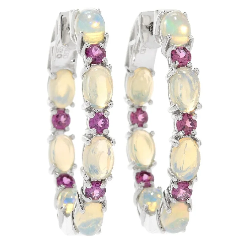 luxurious gemstone earrings for a polished look -Sterling Silver 1.25" Ethiopian Opal & Rhodolite Hoop Earrings