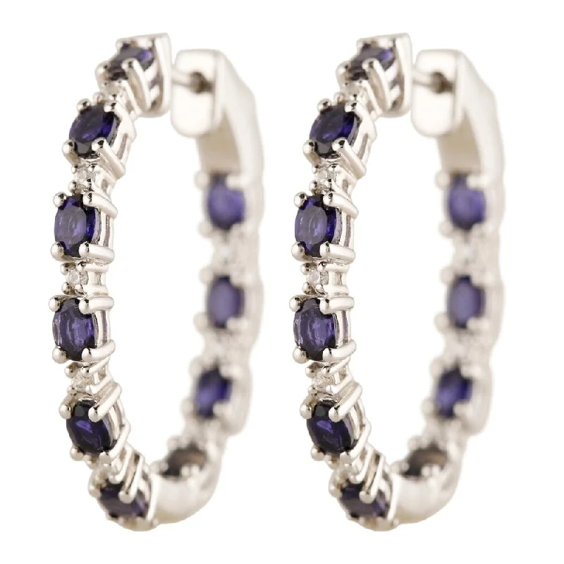 modern geometric earrings for edgy elegance -Sterling Silver 2.87ctw Iolite & White Zircon Hoop Earrings 1.25"L - Blue