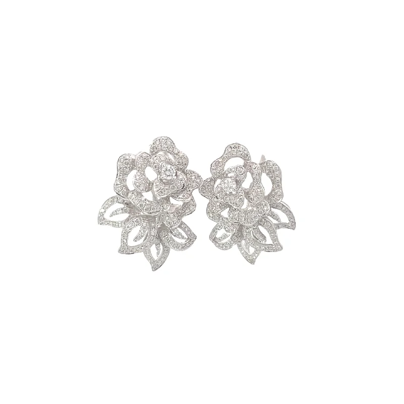 minimalist ear studs for sleek looks -White Gold Diamond Rose Earrings