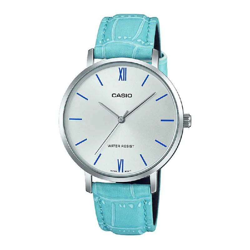 watches for women with modern minimalist dial -Casio Womens Enticer Silver Dial Leather Analogue Watch - LTP-VT01L-7B3UDF (A1631)