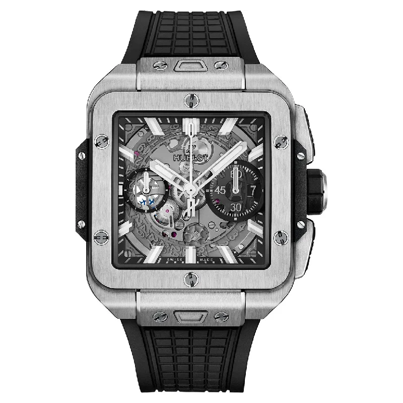 smartwatches with built-in ECG monitor for health -Hublot Square Bang Unico Titanium Skeleton Dial Men 42mm