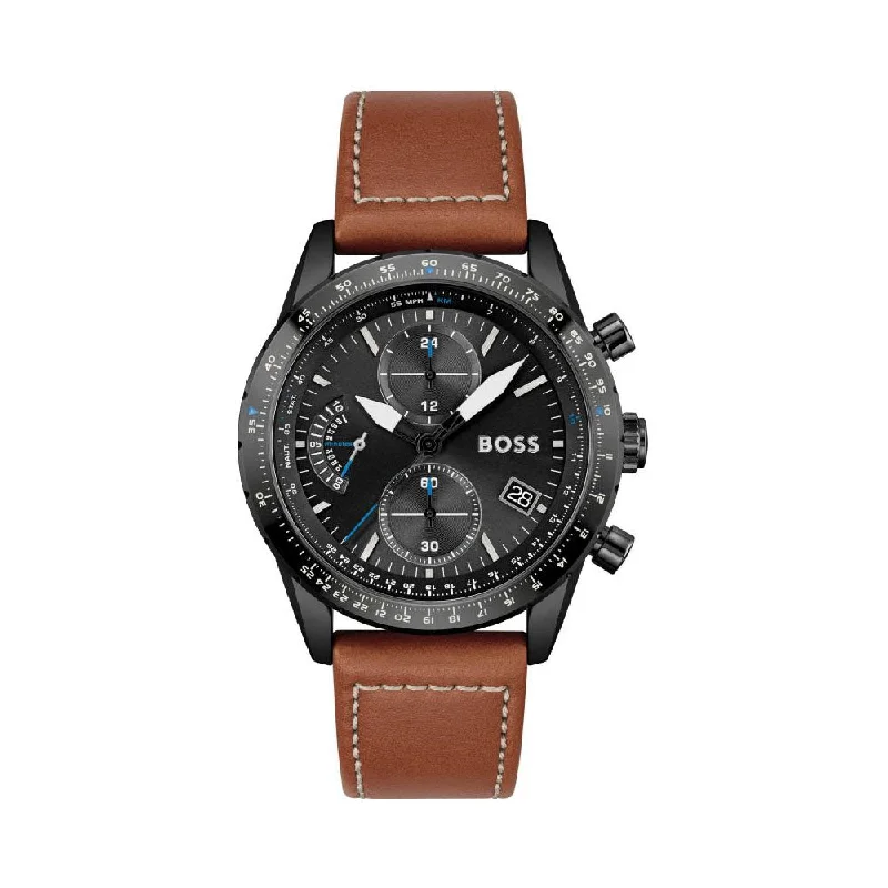 watches for men with gold-plated details -Hugo Boss Pilot Edition Chrono Analog Black Dial Men's Watch-1513851